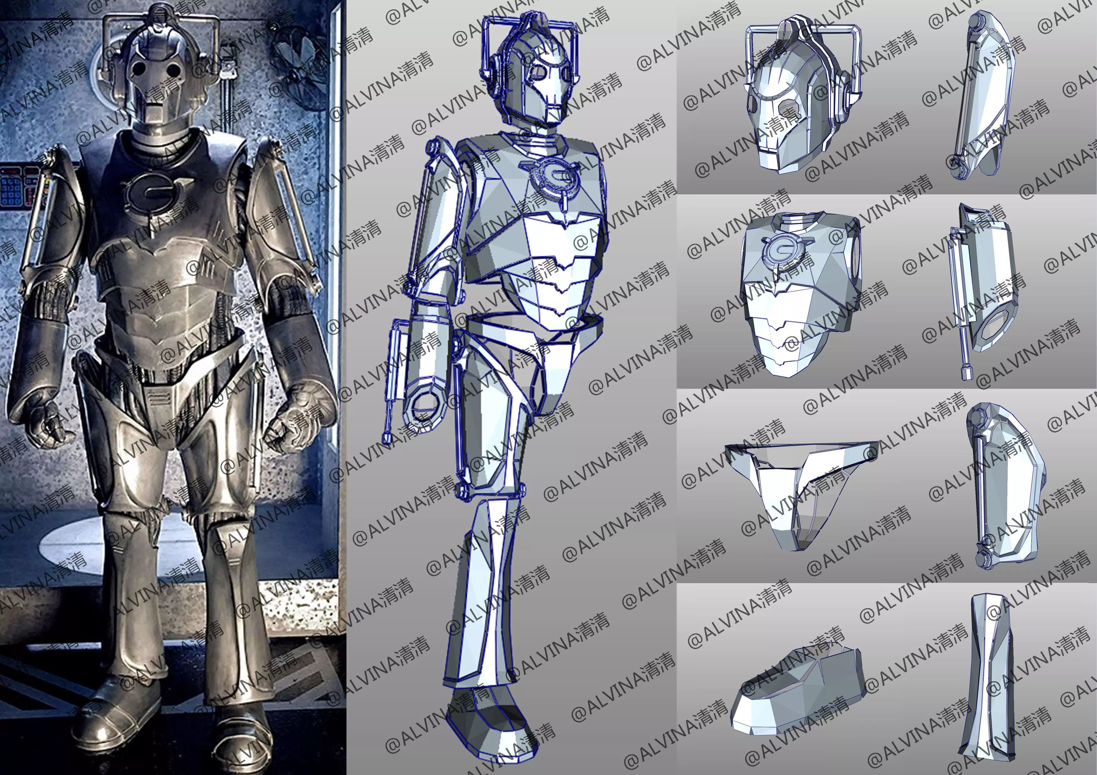 Doctor Who Cyberman V1 Armor -  Cosplay Pepakura Foam Template Low-poly 3D model_0