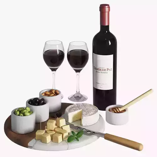 Wine set with red wine and snacks