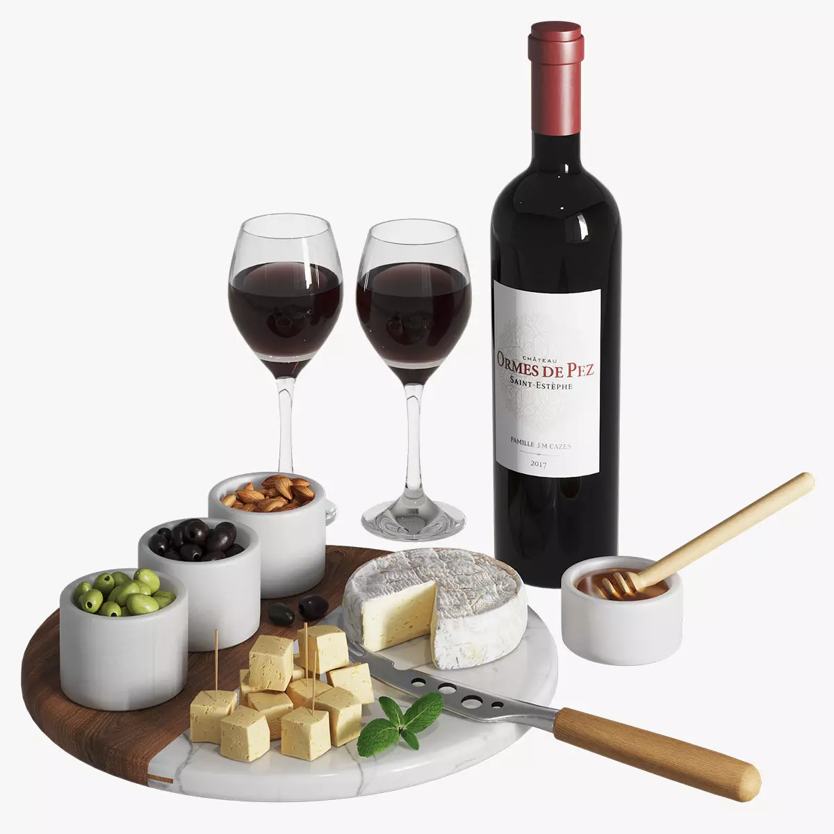 Wine set with red wine and snacks 3D model