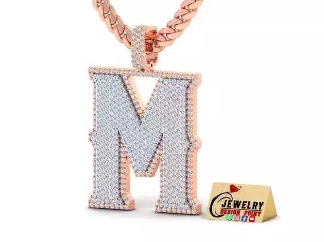 Custom Initial M Letter Diamond Pendant A to Z Alphabet Necklace 3D print model