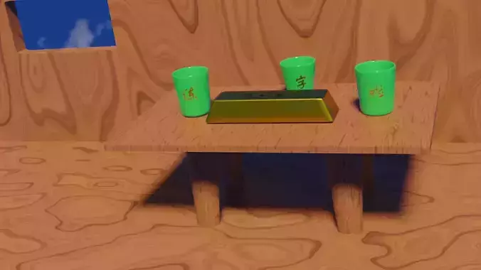 Porcelain cups gold bar and wooden table animation