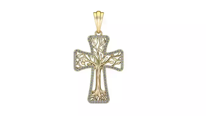 Cross Tree of Life Jesus Pendant Necklace 30 mm with Diamonds