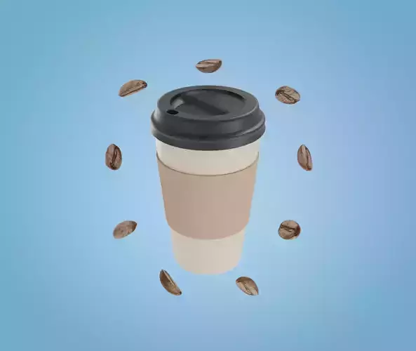 3D coffee cup model coffee beans in front of blue background
