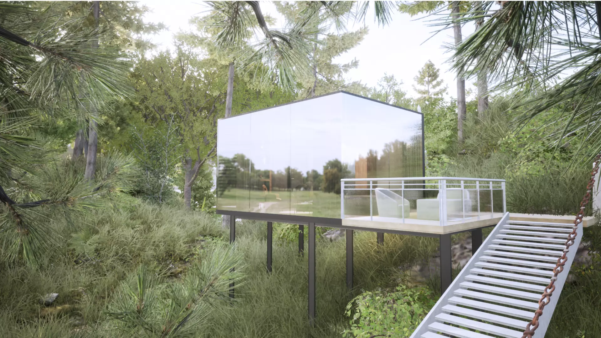 Tiny House Mirror Glass house 20 SQM Revit and Twinmotion 3D model
