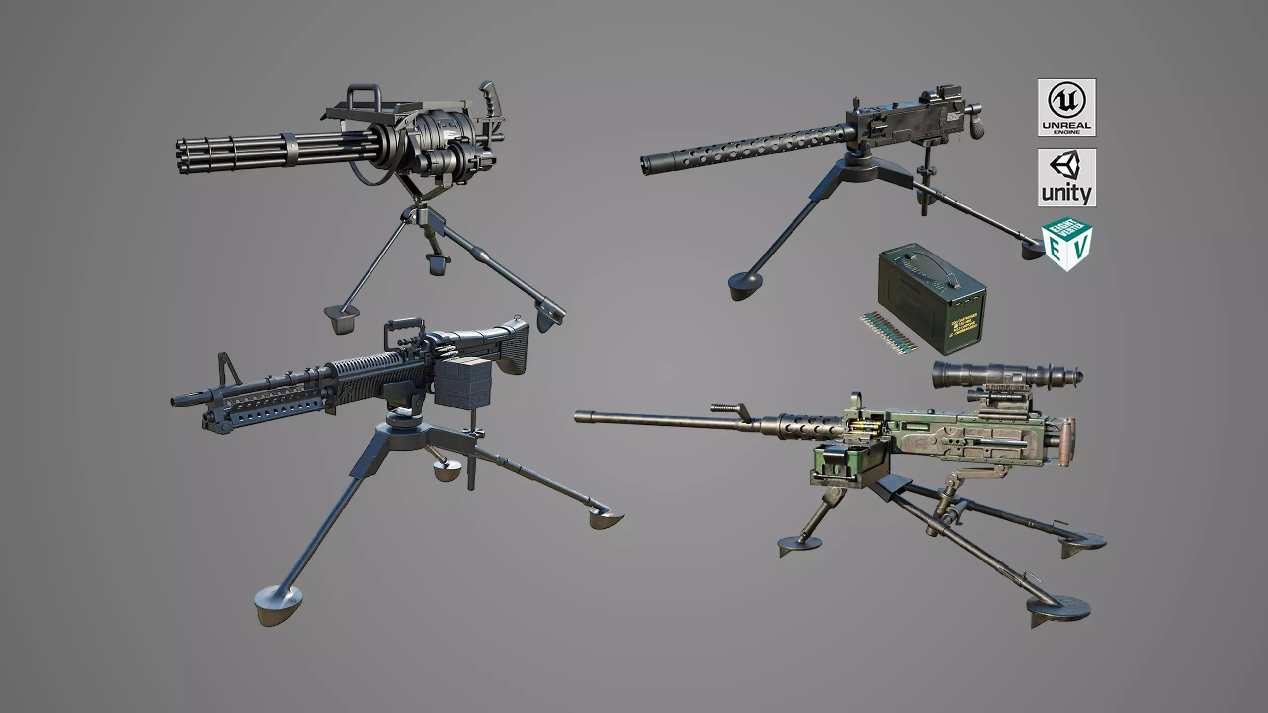 4 Machine gun All PBR Unity UE Textures Included 3D Model Collection_0