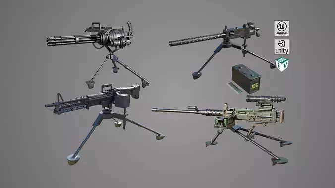 4 Machine gun All PBR Unity UE Textures Included 3D Model Collection