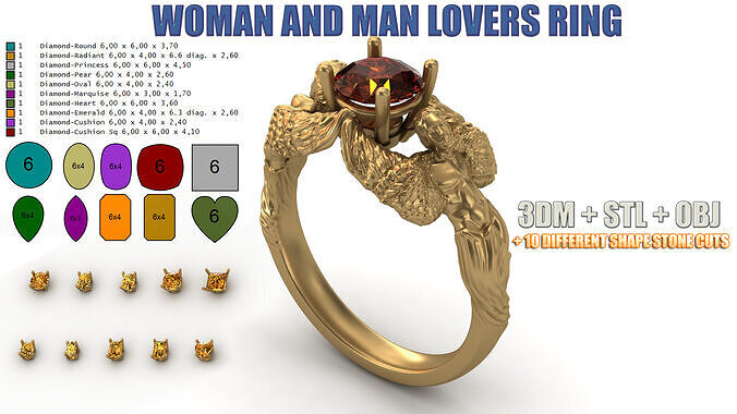 Carrera Woman and Man Lovers Ring Angel Wing 10 Stone Cuts Heads 3D print model