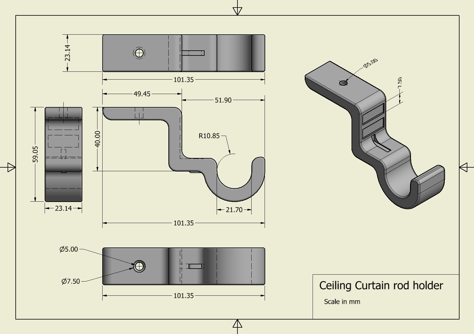 Ceiling Curtain rod holder 3D print model_2