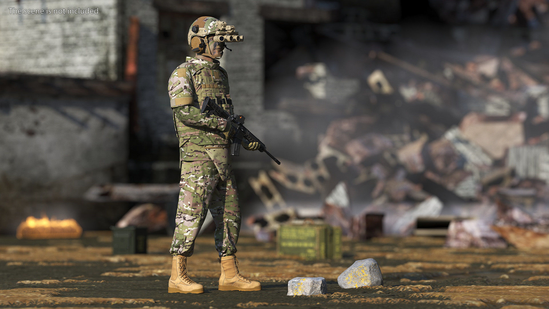 Soldier in Night Vision Goggles Green Camo Standing Fur 3D model