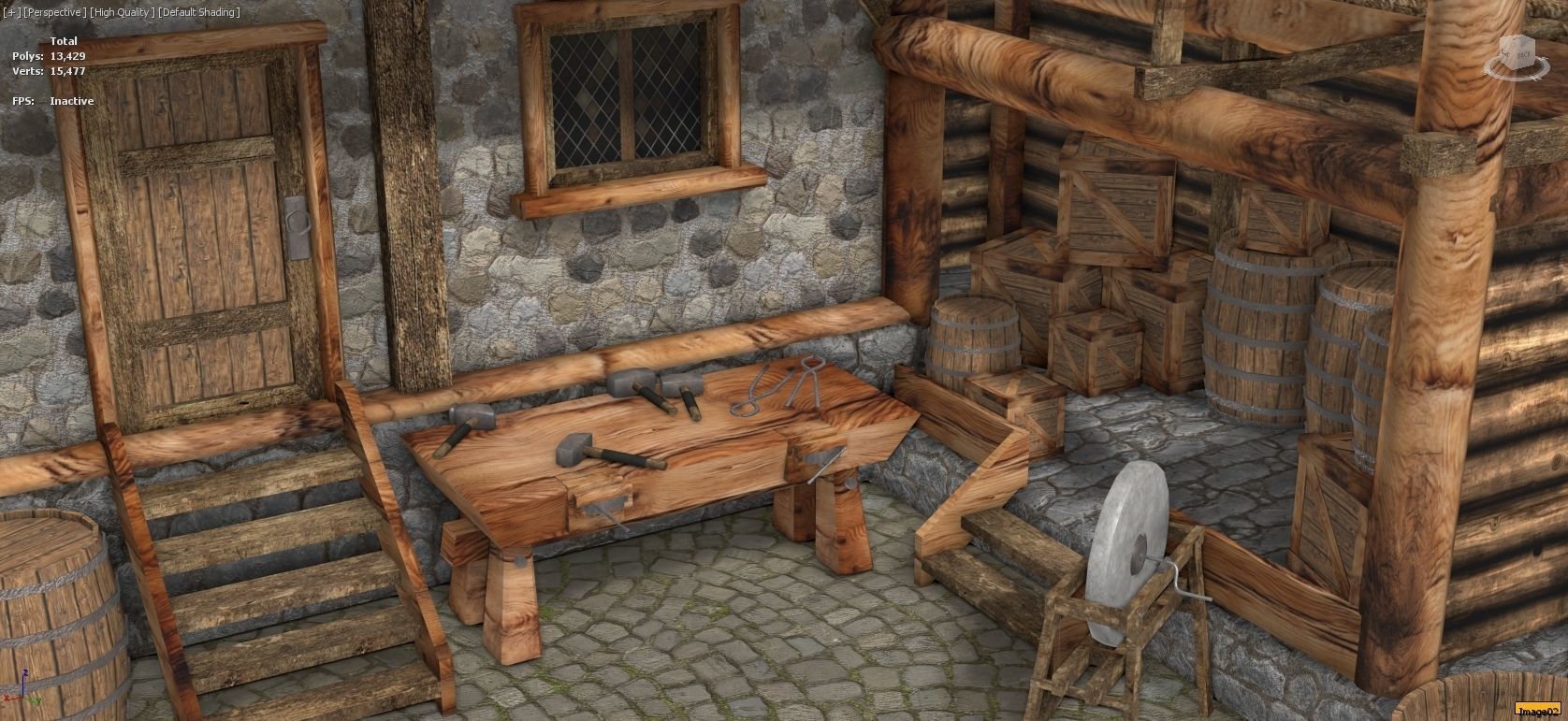 Medieval Smithy with Forge Whetstone Tools Storage and Anvil 3D model_1