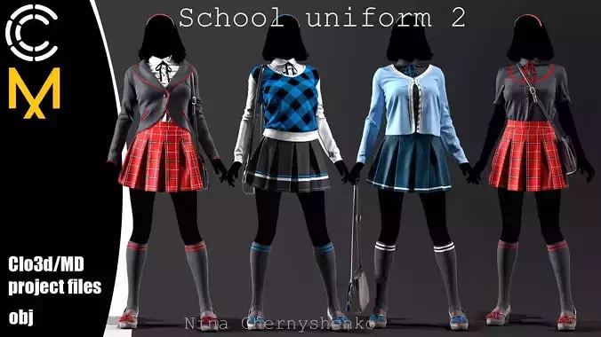 School uniform 2 - Marvelous Designer project and OBJ