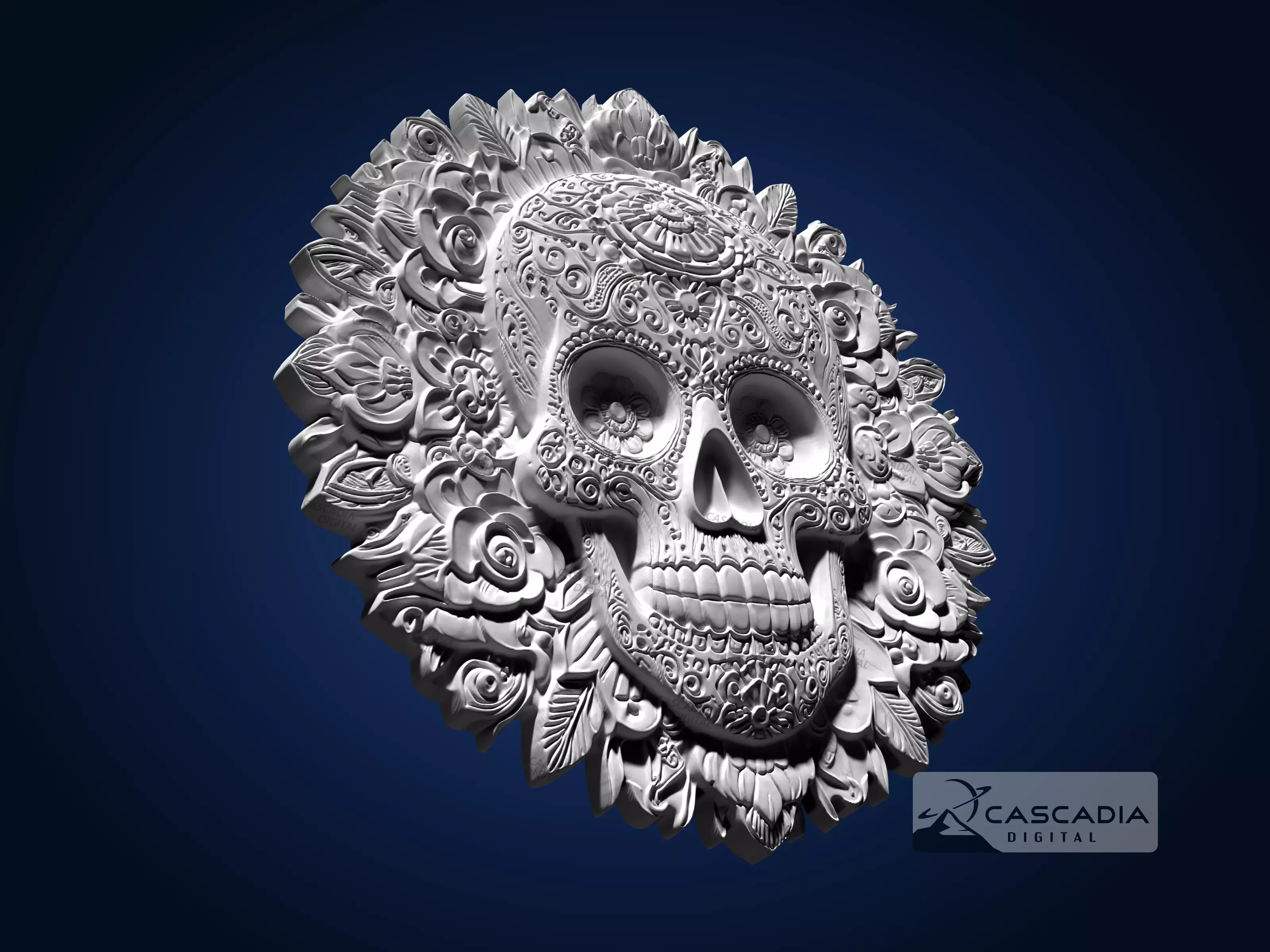 Calavera Skull Flowers Round - CNC Router Carving Casting 3D print model_3
