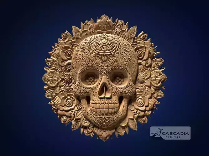 Calavera Skull Flowers Round - CNC Router Carving Casting