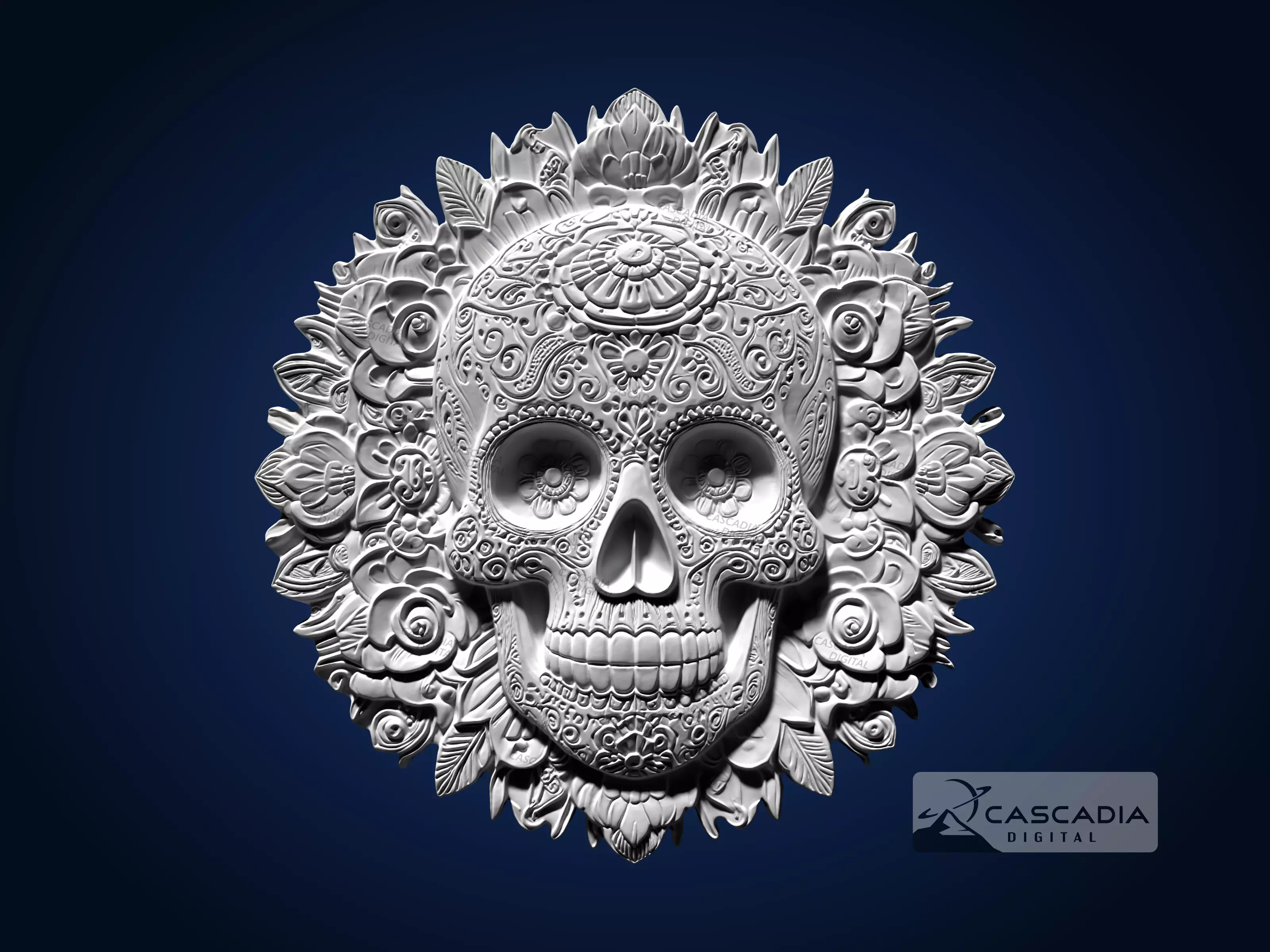 Calavera Skull Flowers Round - CNC Router Carving Casting 3D print model_1