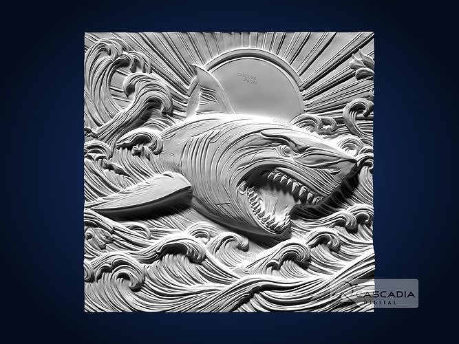 Shark Attack Sunset CNC Router Carving Casting Bas Relief 3D print model