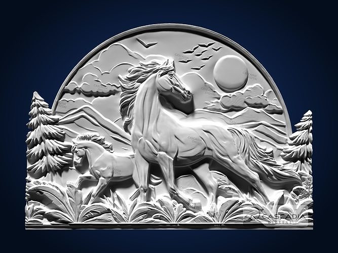 Wild Horses CNC Router Carving Casting Bas Relief Animal 3D print model