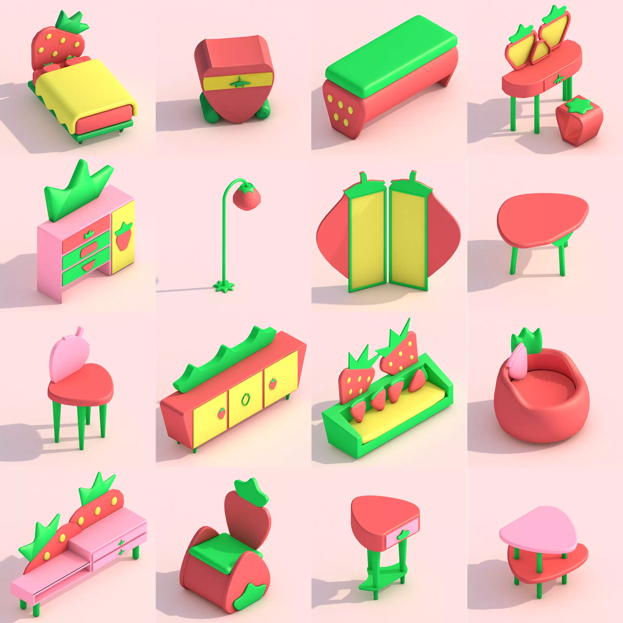 Strawberry Themed Furniture Set - Game Assets 3D model_0