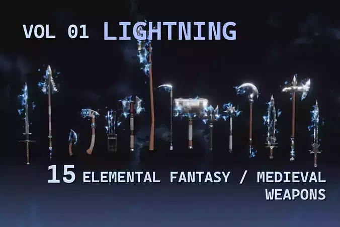 15 Lightning  elemental weapons - medieval - fantasy VOL 01 Low-poly 3D model