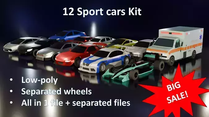 Low poly sport cars kit 12 pcs