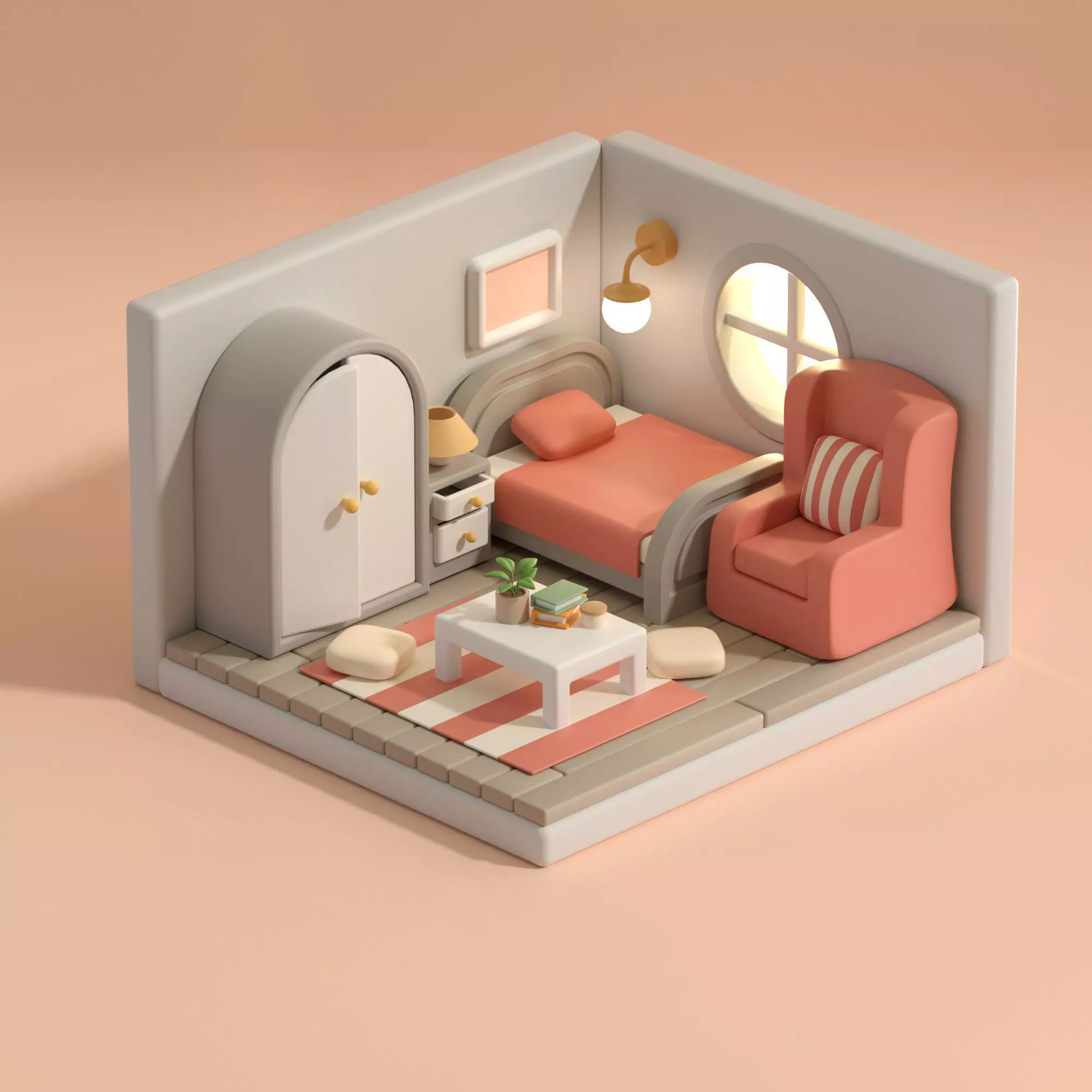 isometric cartoon pink bedroom 3D model