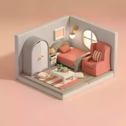 isometric cartoon pink bedroom 
