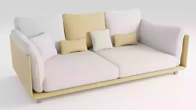 The sofa in a modern style is made of light-colored fabric