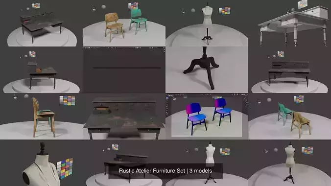 Rustic Atelier Furniture Set 3D Model Collection