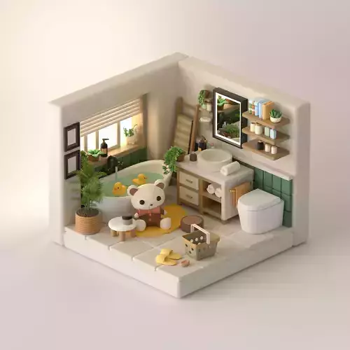 isometric cartoon bear bathroom 