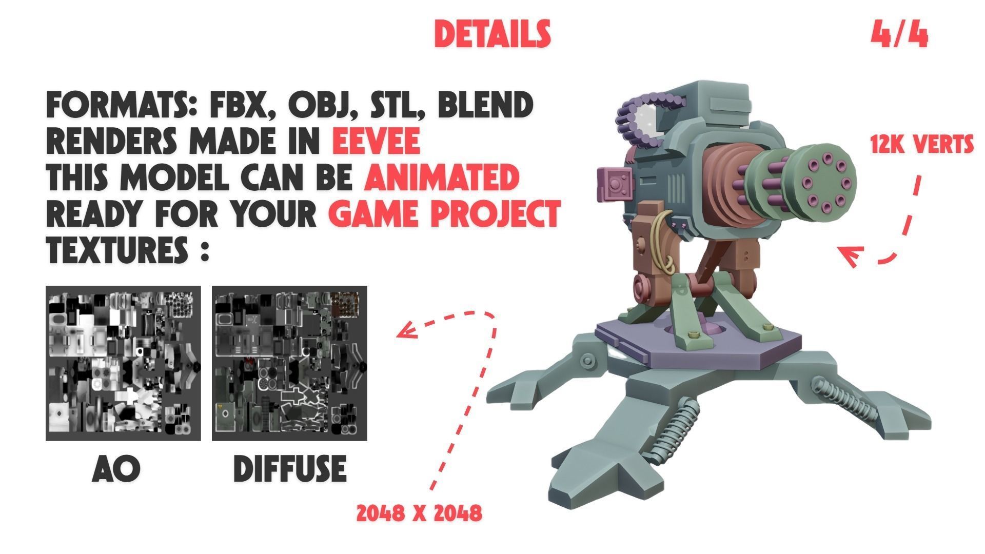 3D Defense Turret Machine Gun Animatable with Multi-Parts Low-poly 3D model_3