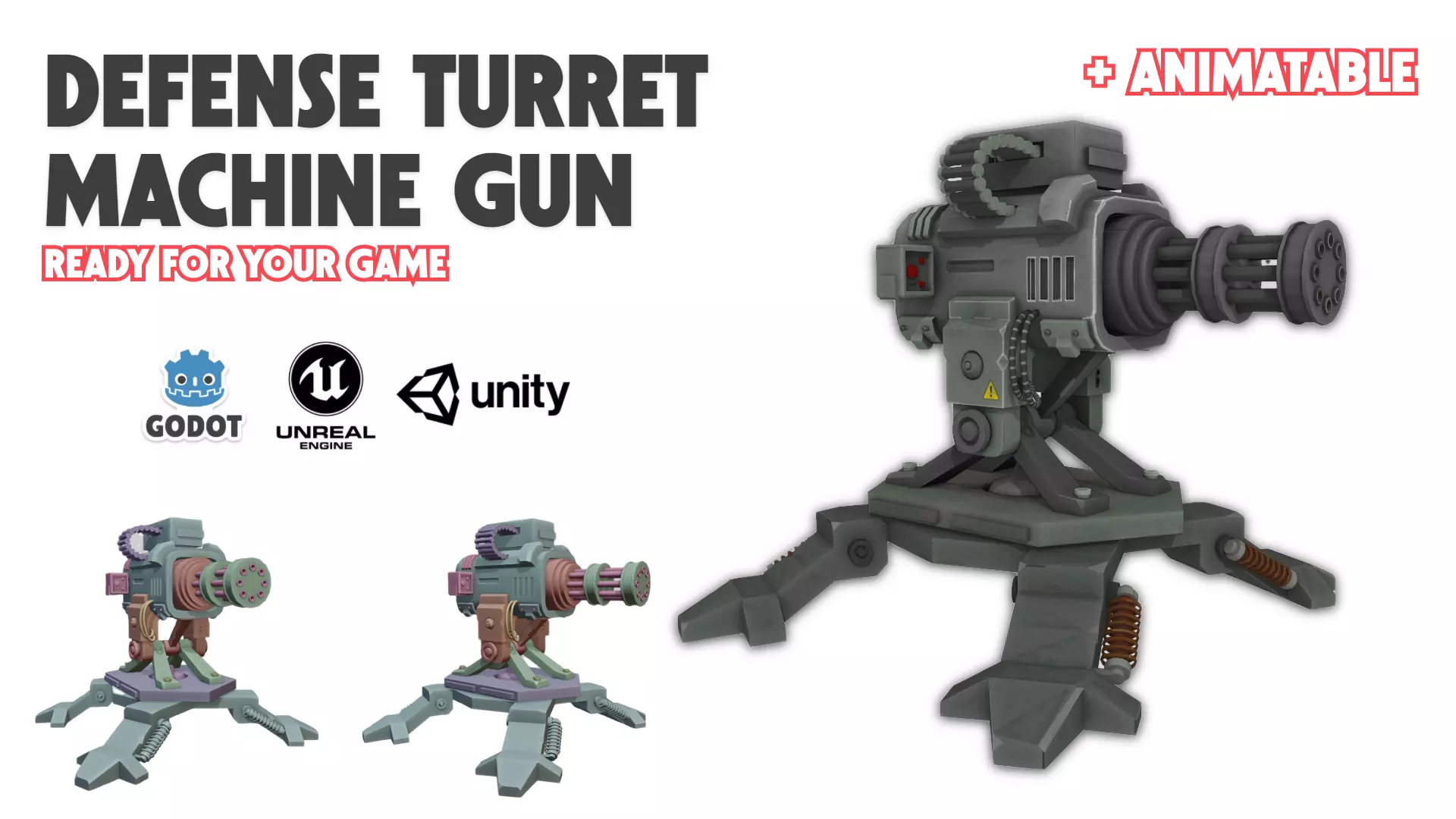 3D Defense Turret Machine Gun Animatable with Multi-Parts Low-poly 3D model_0