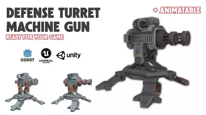3D Defense Turret Machine Gun Animatable with Multi-Parts Low-poly 3D model
