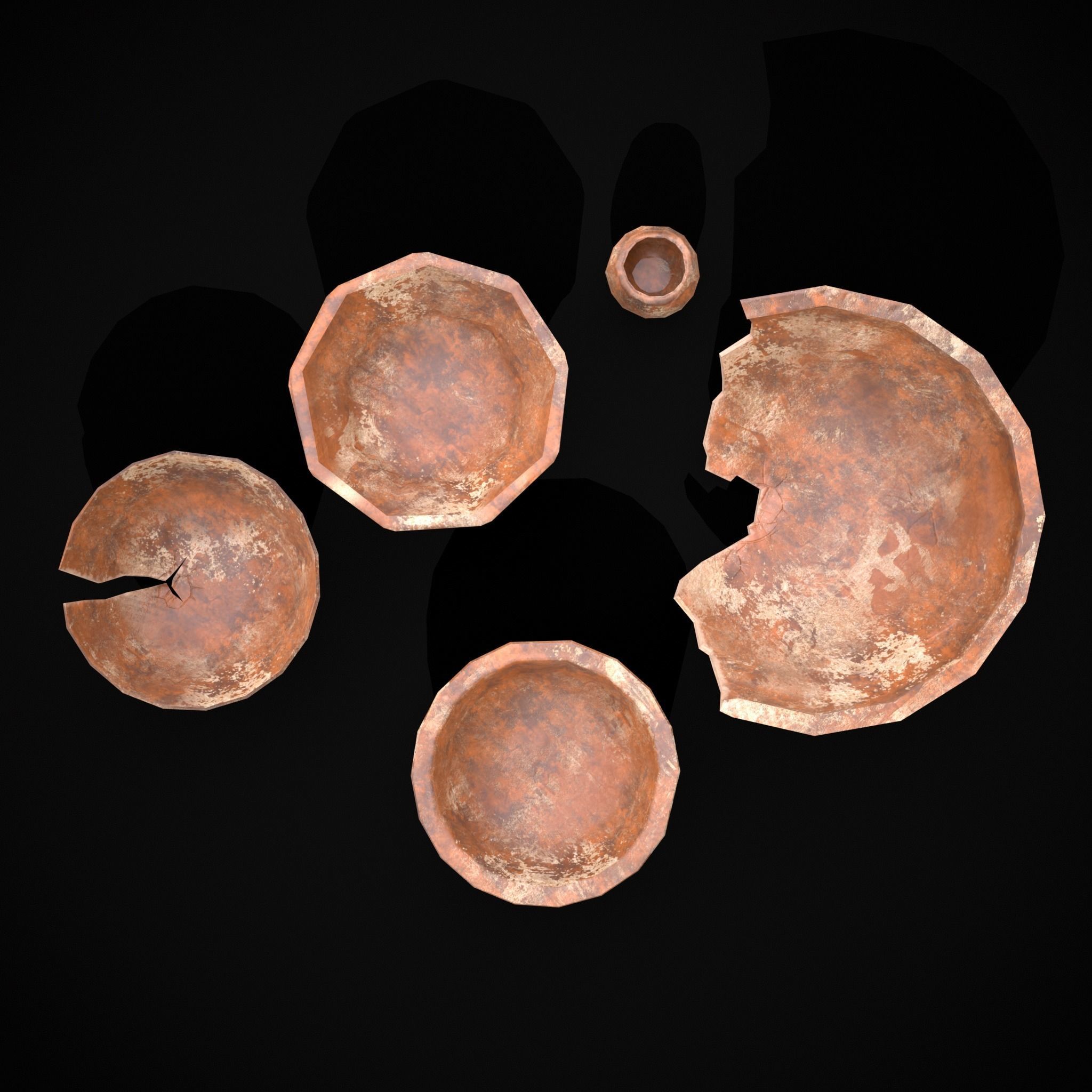 Stack of 5 Cracked Clay Bowls Low-poly 3D model_5