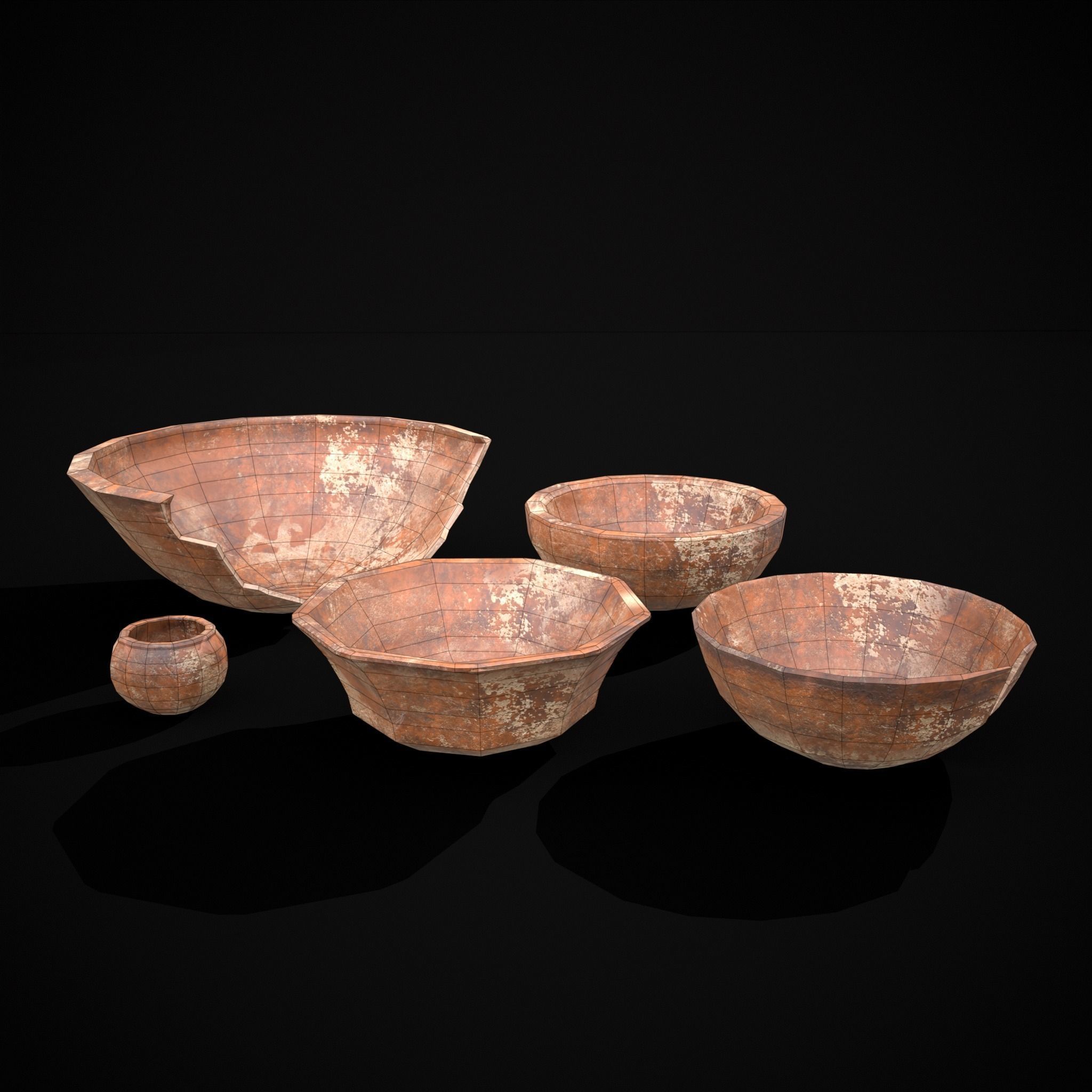Stack of 5 Cracked Clay Bowls Low-poly 3D model_4