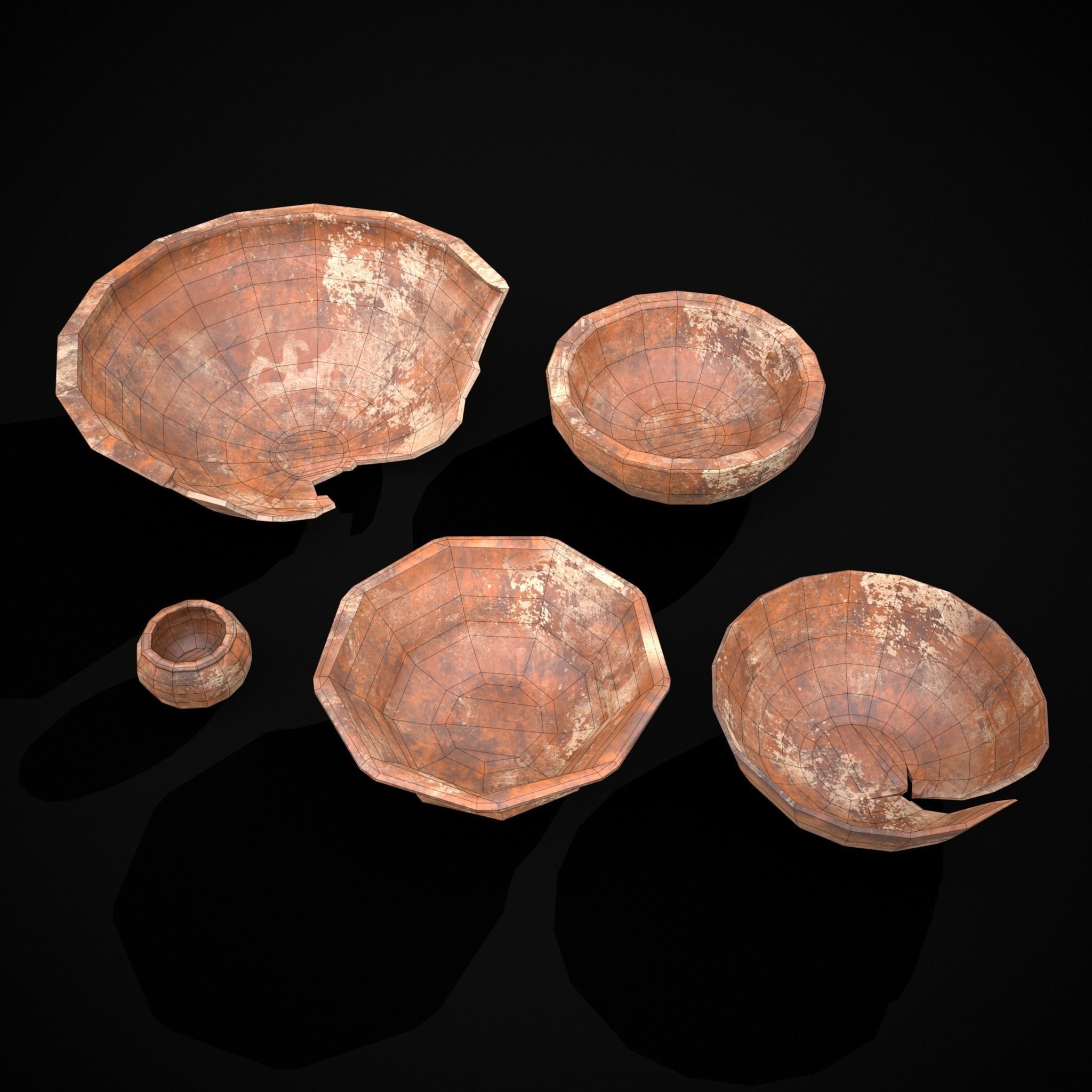 Stack of 5 Cracked Clay Bowls Low-poly 3D model_2