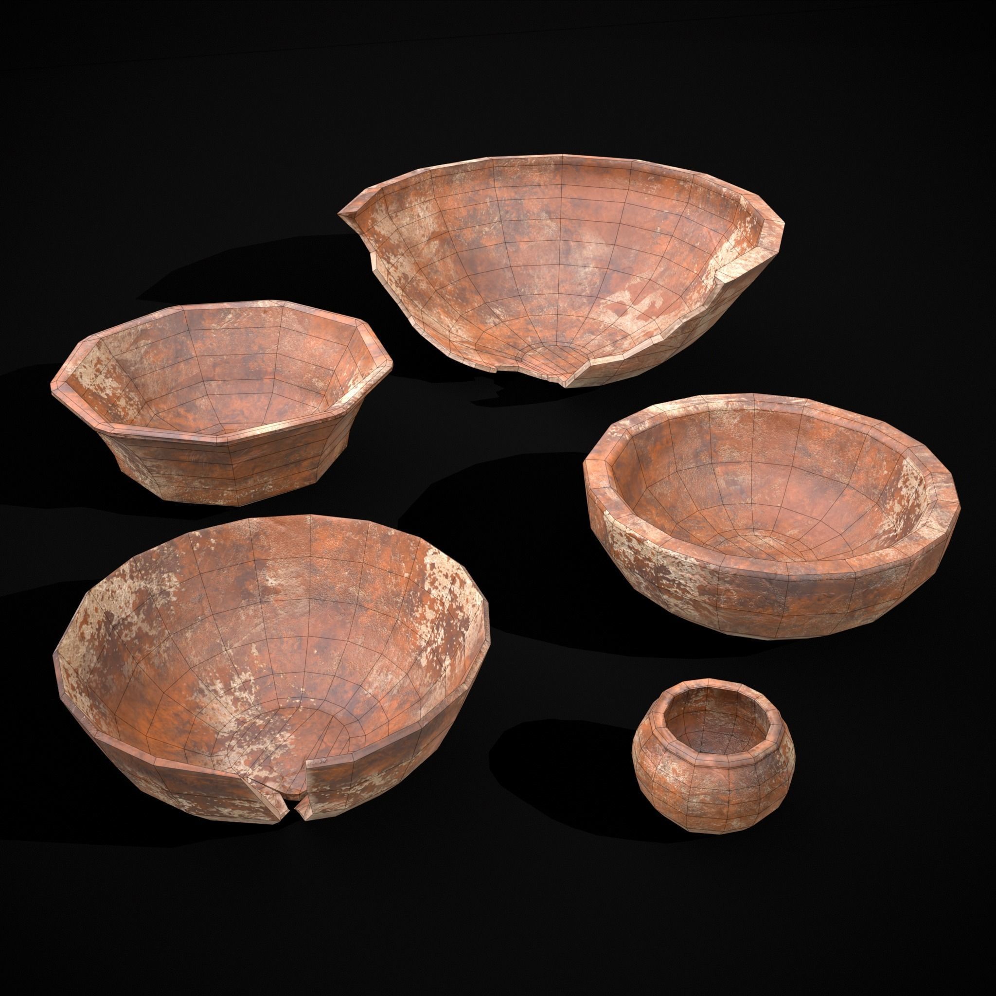 Stack of 5 Cracked Clay Bowls Low-poly 3D model_20
