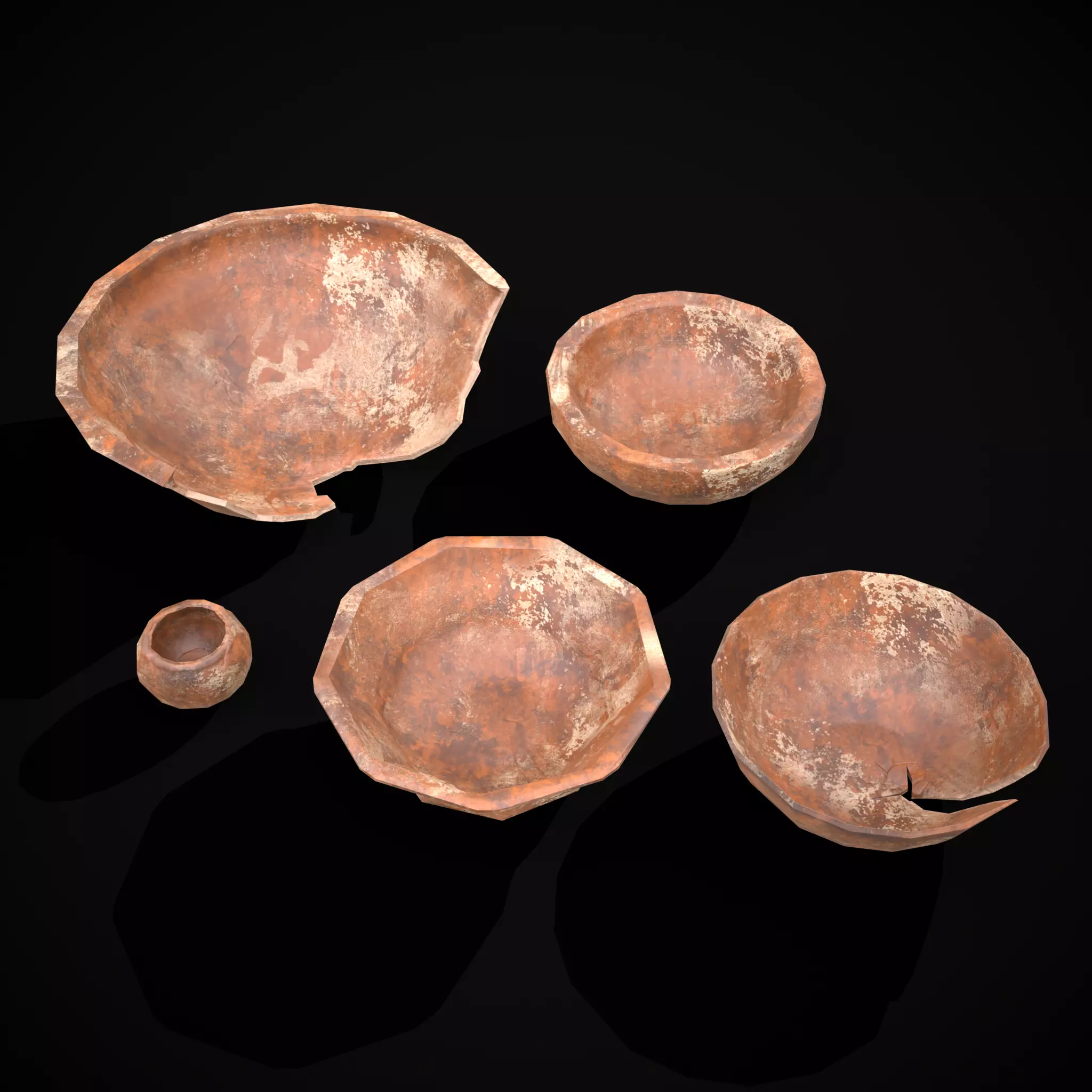 Stack of 5 Cracked Clay Bowls Low-poly 3D model_0