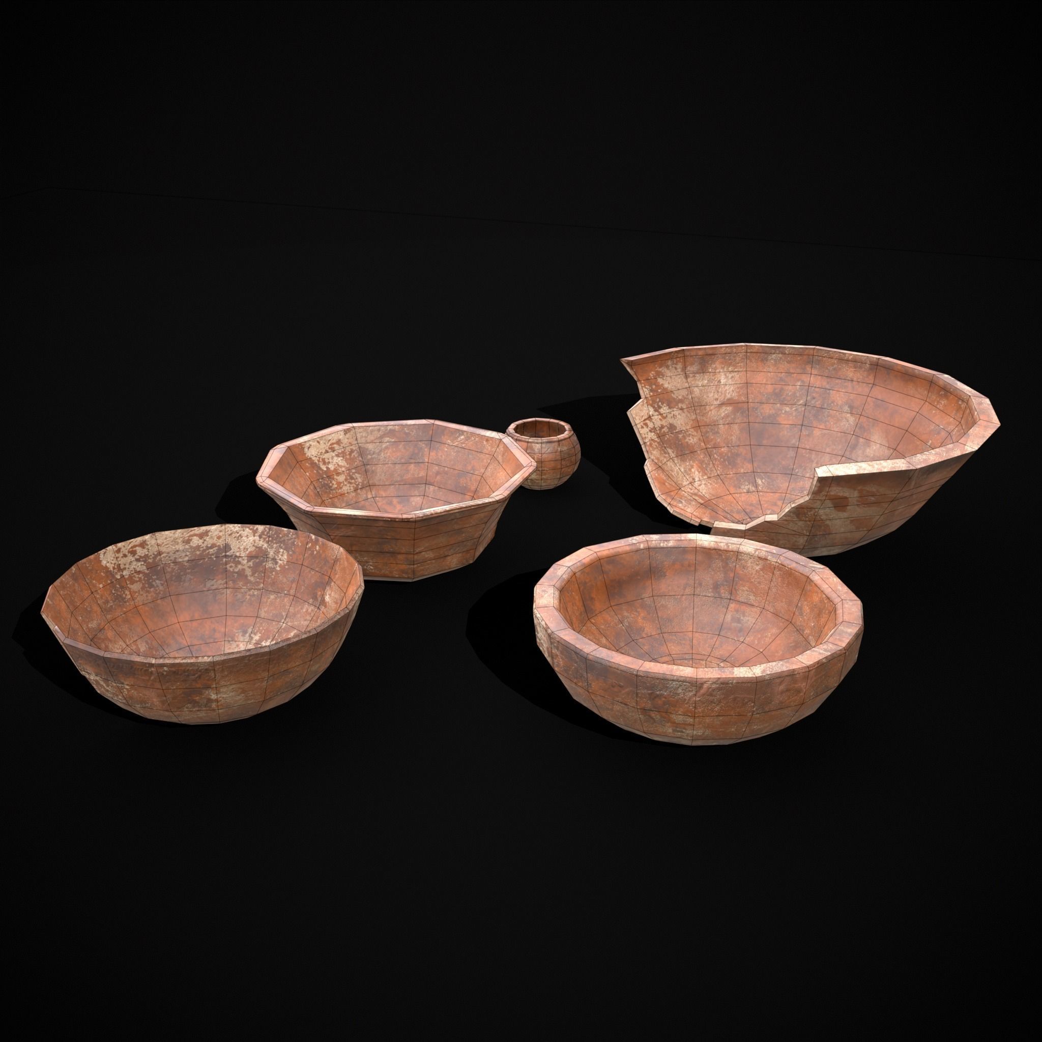 Stack of 5 Cracked Clay Bowls Low-poly 3D model_8