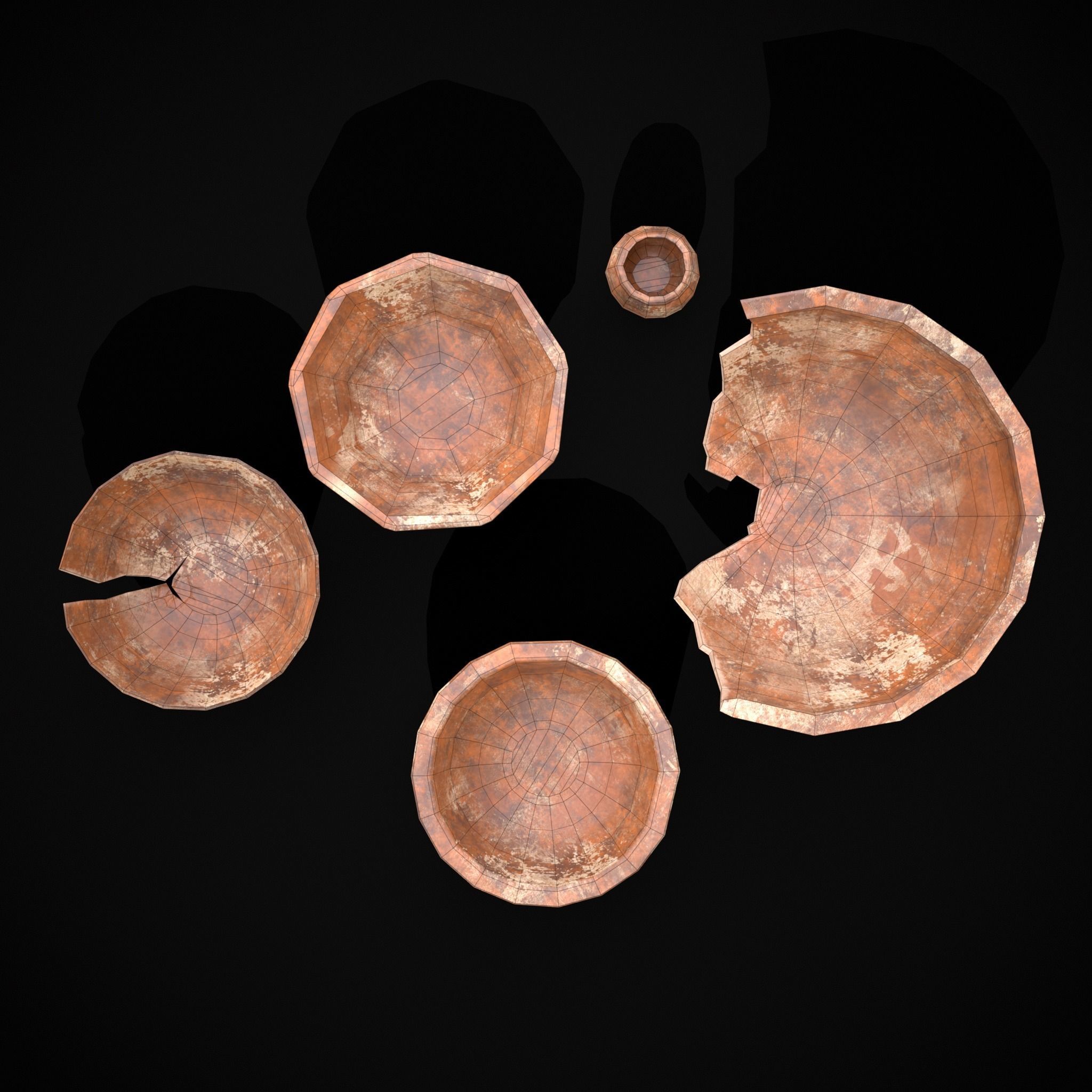 Stack of 5 Cracked Clay Bowls Low-poly 3D model_6
