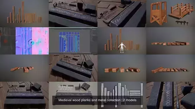 Medieval wood planks and metal collection