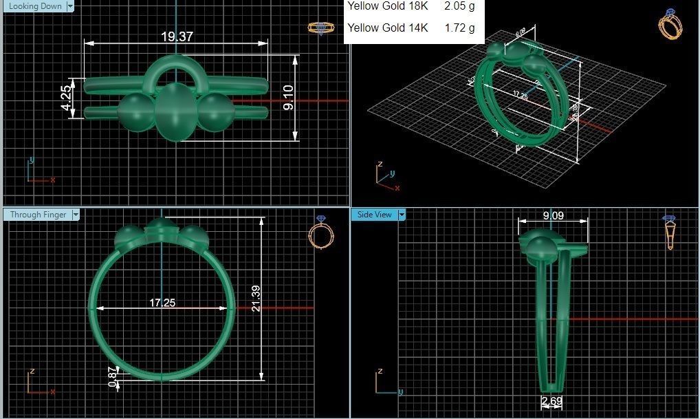 Tri Balls on Wire Ultra light wt minimalist Plain Gold Ring 3D print model_3