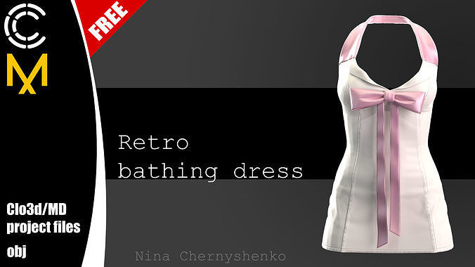 Retro bathing dress - Marvelous Designer project and OBJ Free 3D model