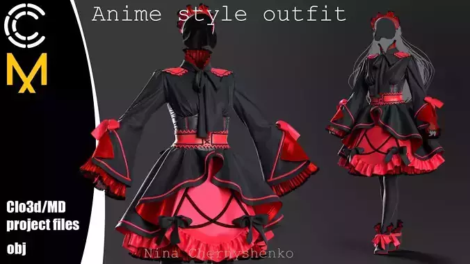 Anime style outfit - Marvelous Designer project and OBJ 3D model