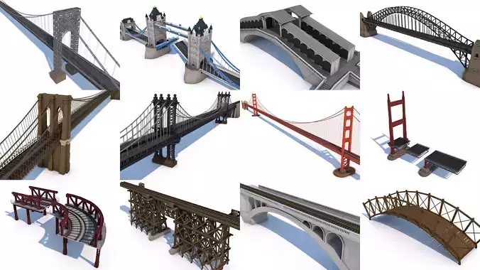 12 Famous Bridge Collection - Game Ready Low Poly  Low-poly 3D model
