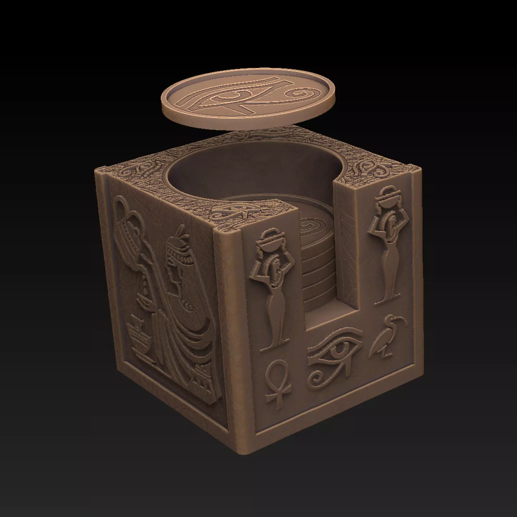 Coaster storage with Ancient Egyptian motifs and 4 coasters  3D print model_0