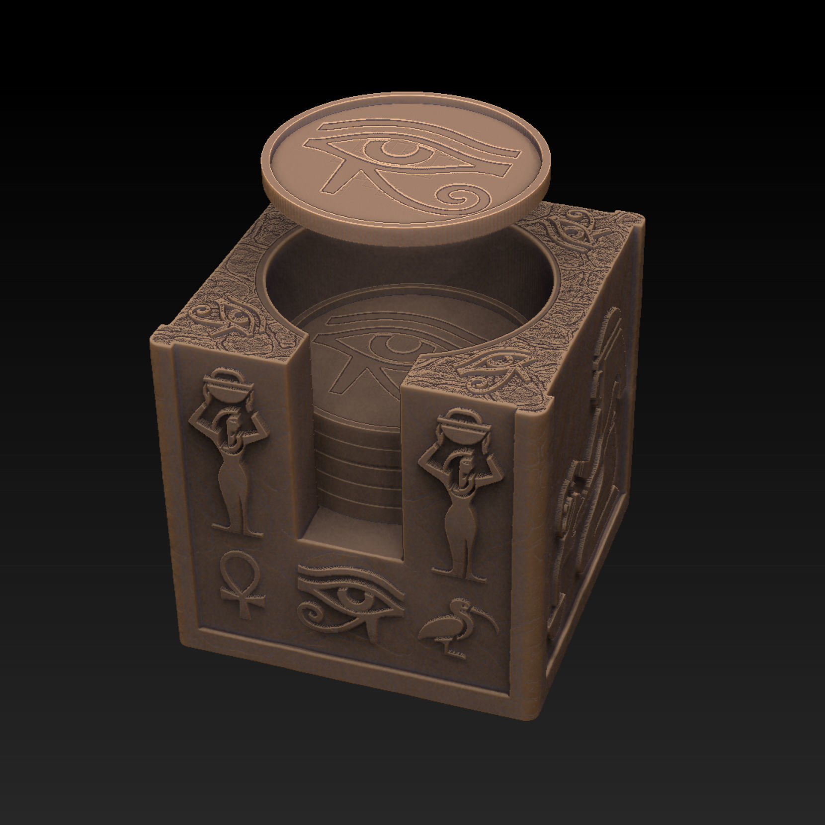Coaster storage with Ancient Egyptian motifs and 4 coasters  3D print model_8
