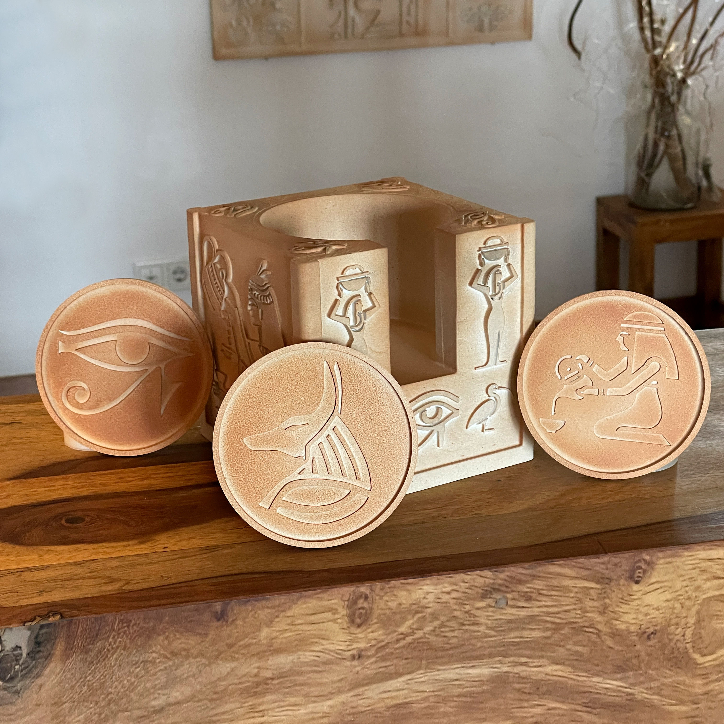 Coaster storage with Ancient Egyptian motifs and 4 coasters  3D print model_2
