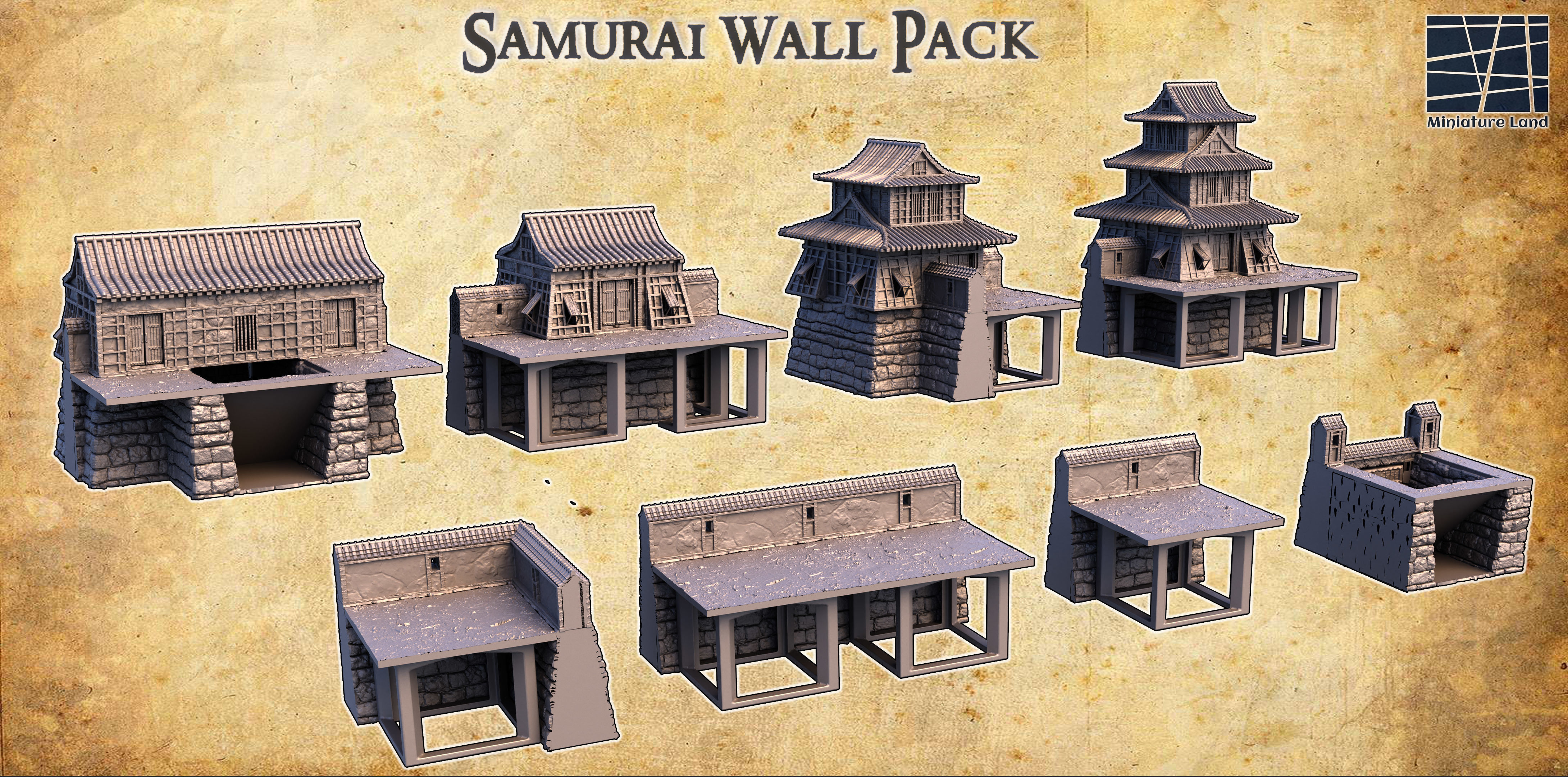 Samurai Wall Set Tabletop Terrain 28MM 3D print model 3D print model_1