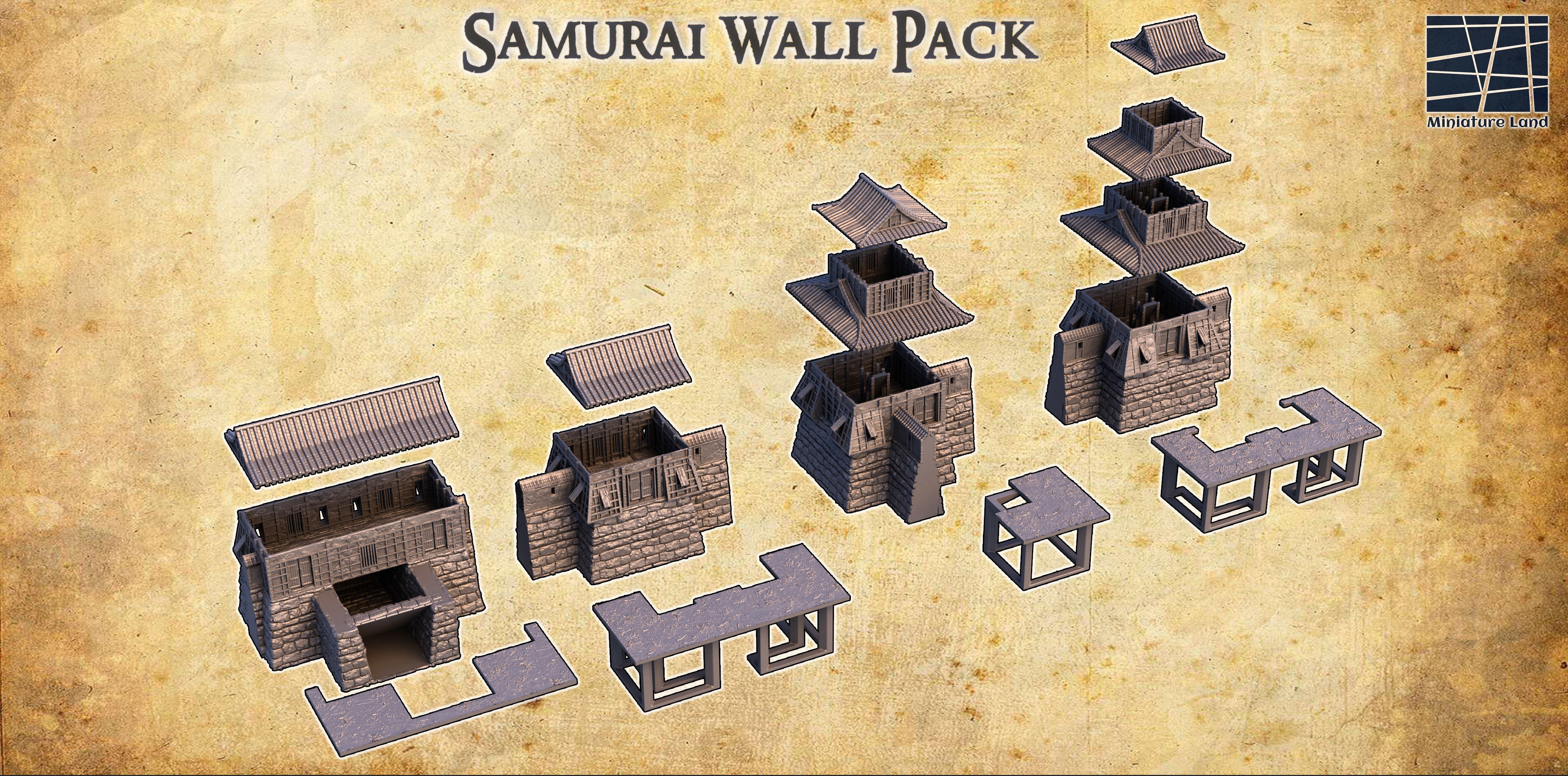 Samurai Wall Set Tabletop Terrain 28MM 3D print model 3D print model_2