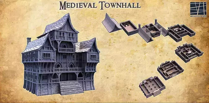 Medieval Townhall Tabletop Terrain 28MM 3D print model 3D print model
