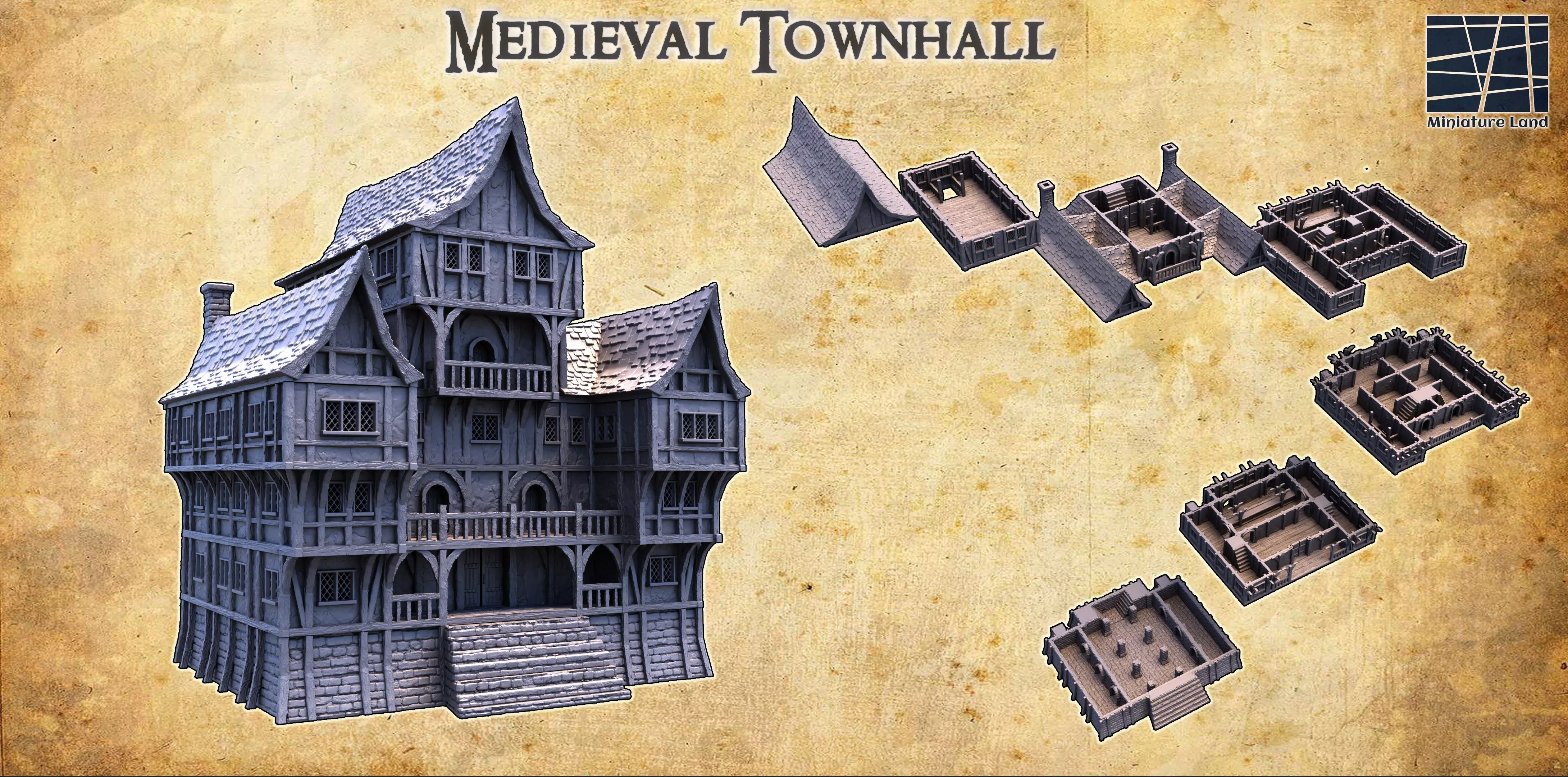 Medieval Townhall Tabletop Terrain 28MM 3D print model 3D print model_0